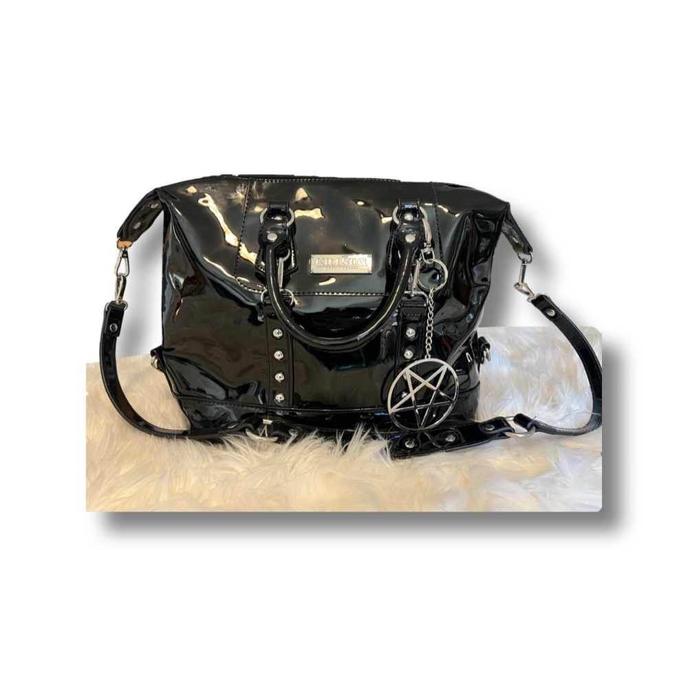 Killstar convertible strap crossbody bag. Patent leather material with pentagram